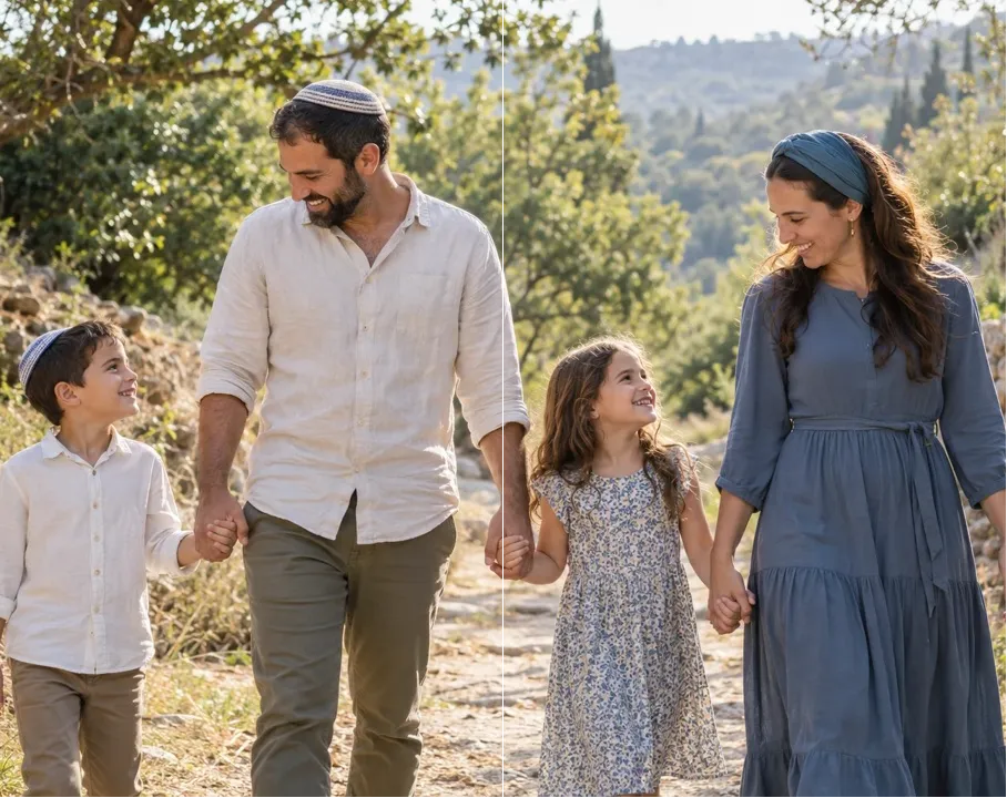 משפחה צועדת יחד בשביל בטבע